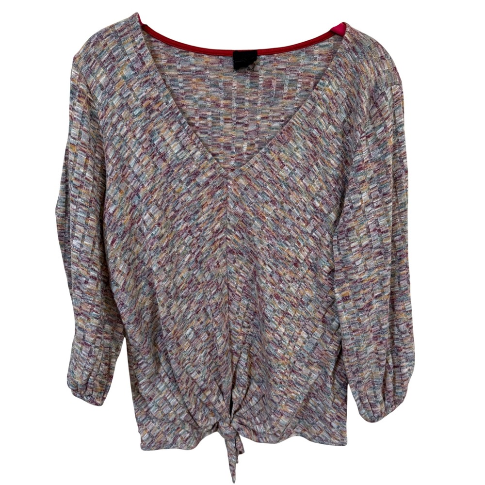 W5 Multicolor‎ Knit Top M V Neck Tie Front Boho 3/4 Sleeve Lightweight
